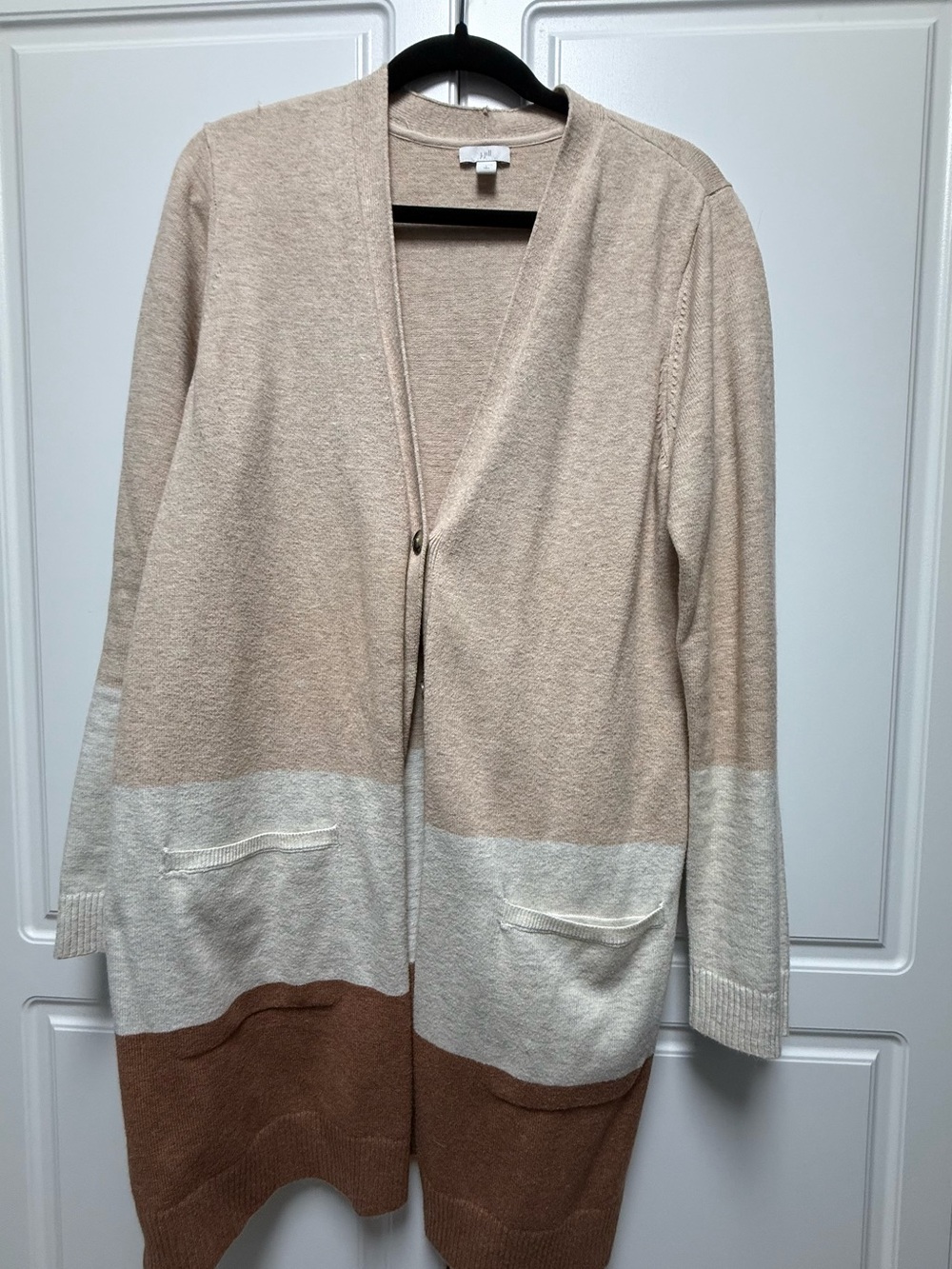 J. Jill Three-Tone Colorblock Long Cardigan in Beige, Cream & Brown